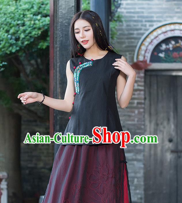 Traditional Chinese National Costume, Elegant Hanfu Embroidery Flowers Slant Opening Navy T-Shirt, China Tang Suit Republic of China Plated Buttons Blouse Cheongsam Vest Upper Outer Garment Qipao Shirts Clothing for Women