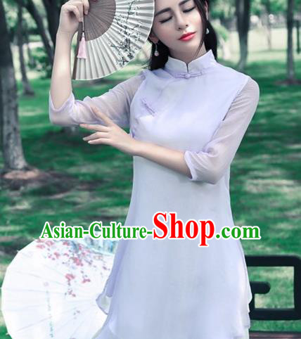 Traditional Chinese National Costume, Elegant Hanfu Silk Slant Opening Long Purple Blouse, China Tang Suit Republic of China Plated Buttons Blouse Cheongsam Upper Outer Garment Qipao Shirts Clothing for Women