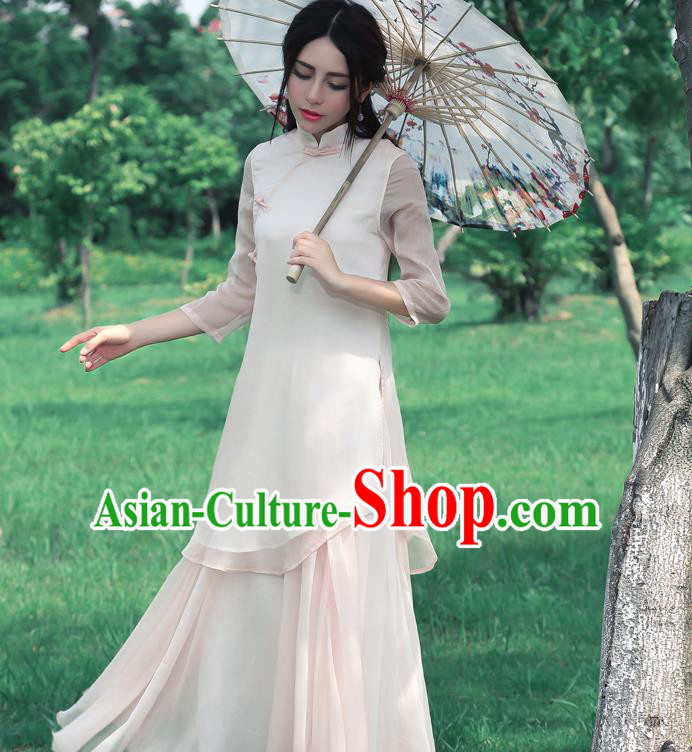 Traditional Chinese National Costume, Elegant Hanfu Silk Slant Opening Long Pink Blouse, China Tang Suit Republic of China Plated Buttons Blouse Cheongsam Upper Outer Garment Qipao Shirts Clothing for Women