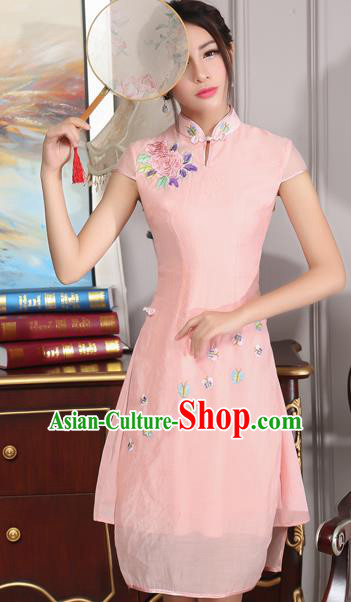 Traditional Ancient Chinese National Costume, Elegant Hanfu Mandarin Qipao Stand Collar Embroidery Pink Dress, China Tang Suit Chirpaur Republic of China Cheongsam Upper Outer Garment Elegant Dress Clothing for Women