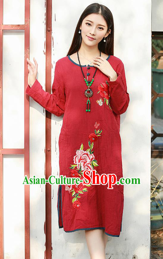 Traditional Ancient Chinese National Costume, Elegant Hanfu Linen Embroidery Red Dress, China Tang Suit Chirpaur Republic of China Cheongsam Upper Outer Garment Elegant Dress Clothing for Women