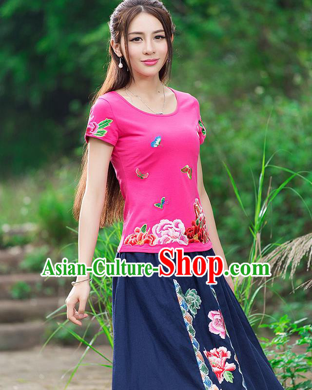 Traditional Chinese National Costume, Elegant Hanfu Embroidery Flowers Butterfly Pink T-Shirt, China Tang Suit Republic of China Blouse Cheongsam Upper Outer Garment Qipao Shirts Clothing for Women