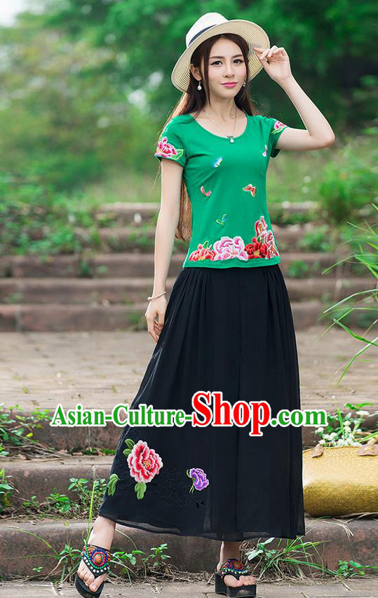 Traditional Chinese National Costume, Elegant Hanfu Embroidery Flowers Butterfly Green T-Shirt, China Tang Suit Republic of China Blouse Cheongsam Upper Outer Garment Qipao Shirts Clothing for Women