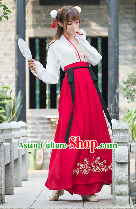 Traditional Ancient Chinese Costume, Elegant Hanfu Clothing Embroidered Blouse and Dress, China Tang Dynasty Princess Elegant Blouse and Red Ru Skirt Complete Set for Women