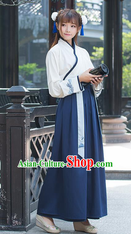 Traditional Ancient Chinese Costume, Elegant Hanfu Clothing Embroidered Slant Opening Blouse and Dress, China Han Dynasty Princess Elegant Blouse and Red Blue Skirt Complete Set for Women