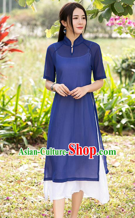 Traditional Ancient Chinese National Costume, Elegant Hanfu Mandarin Qipao Stand Collar Two-Piece Navy Chiffon Dress, China Tang Suit Plated Buttons Chirpaur Republic of China Cheongsam Upper Outer Garment Elegant Dress Clothing for Women