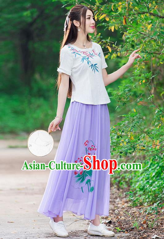 Traditional Ancient Chinese National Pleated Skirt Costume, Elegant Hanfu Chiffon Printing Lotus Long Purple Dress, China Tang Dynasty Bust Skirt for Women