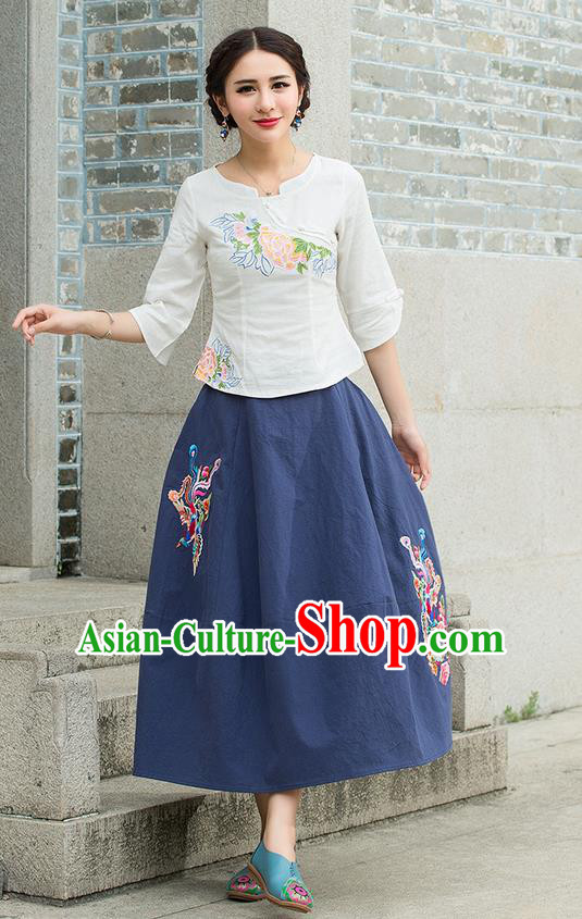 Traditional Ancient Chinese National Pleated Skirt Costume, Elegant Hanfu Embroidered Phoenix Long Blue Linen Dress, China Tang Dynasty Bust Skirt for Women