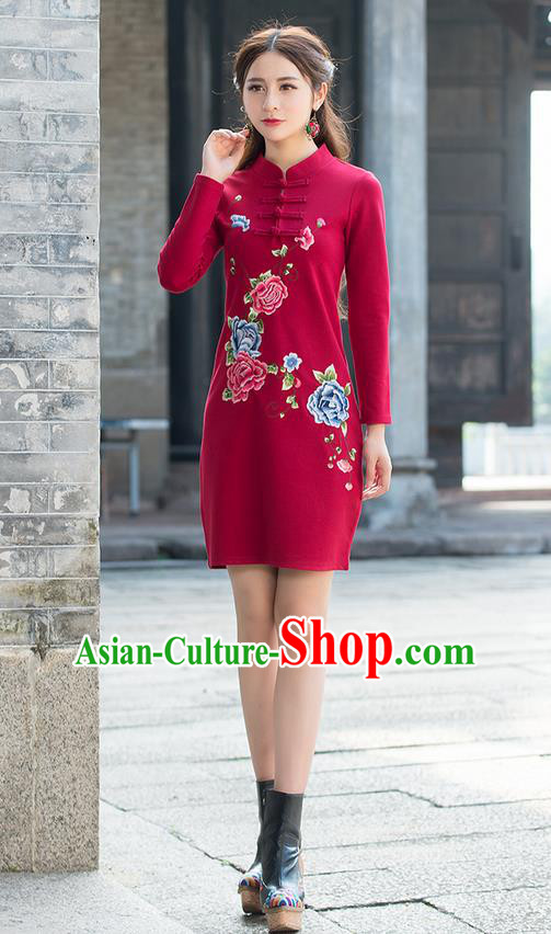 Traditional Ancient Chinese National Costume, Elegant Hanfu Mandarin Qipao Linen Embroidery Red Dress, China Tang Suit Plated Buttons Chirpaur Republic of China Cheongsam Upper Outer Garment Elegant Dress Clothing for Women