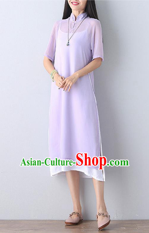 Traditional Ancient Chinese National Costume, Elegant Hanfu Mandarin Qipao Stand Collar Two-Piece Purple Chiffon Dress, China Tang Suit Plated Buttons Chirpaur Republic of China Cheongsam Upper Outer Garment Elegant Dress Clothing for Women
