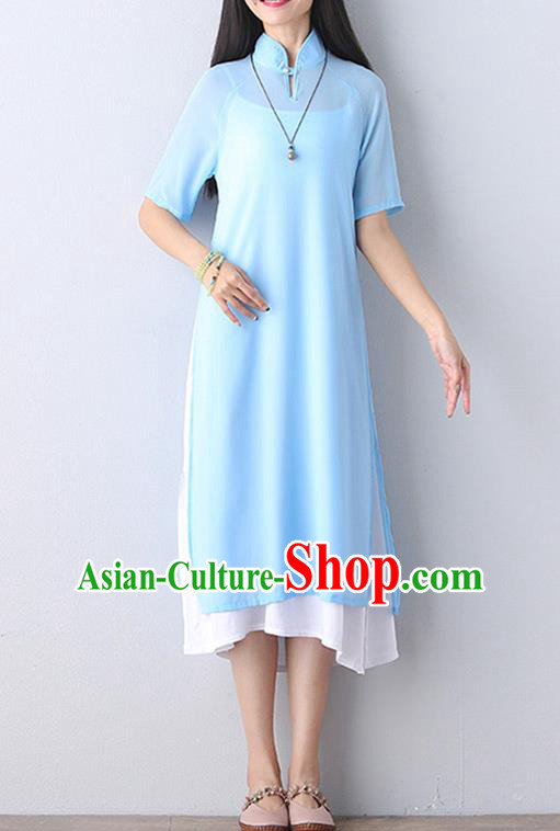Traditional Ancient Chinese National Costume, Elegant Hanfu Mandarin Qipao Stand Collar Two-Piece Blue Chiffon Dress, China Tang Suit Plated Buttons Chirpaur Republic of China Cheongsam Upper Outer Garment Elegant Dress Clothing for Women