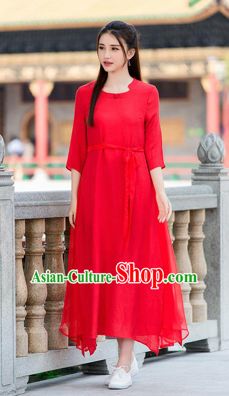 Traditional Ancient Chinese National Costume, Elegant Hanfu Mandarin Qipao Linen Red Dress, China Tang Suit Chirpaur Republic of China Cheongsam Upper Outer Garment Elegant Dress Clothing for Women