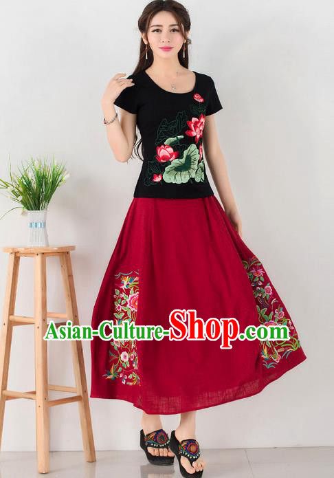 Traditional Ancient Chinese National Pleated Skirt Costume, Elegant Hanfu Embroidery Flowers Long Red Skirt, China Tang Dynasty Bust Skirt for Women