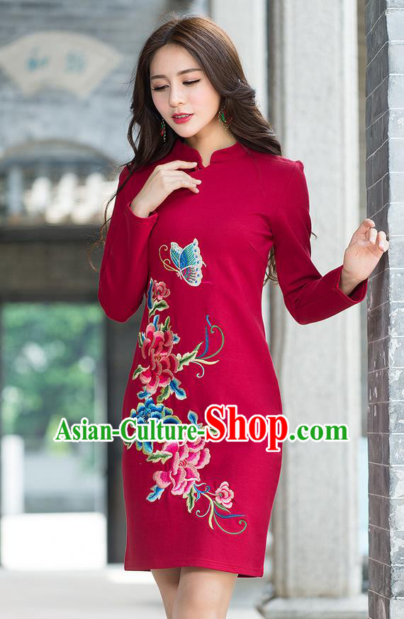 Traditional Ancient Chinese National Costume, Elegant Hanfu Mandarin Qipao Embroidery Flowers Red Dress, China Tang Suit Chirpaur Republic of China Stand Collar Cheongsam Elegant Dress Clothing for Women