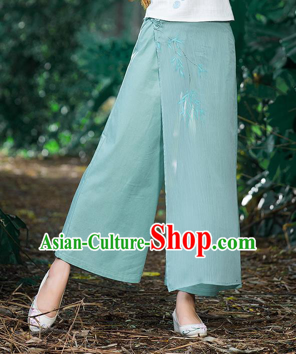 Traditional Chinese National Costume Loose Pants, Elegant Hanfu Hand Painting Bamboo Leaves Wide-leg Green Trousers, China Ethnic Minorities Folk Dance Baggy Pants for Women