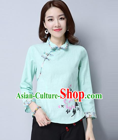 Traditional Chinese National Costume, Elegant Hanfu Painting Peony Flowers Slant Opening Green Shirt, China Tang Suit Republic of China Plated Buttons Blouse Cheongsam Upper Outer Garment Qipao Shirts Clothing for Women