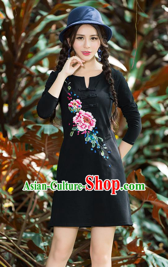 Traditional Ancient Chinese National Costume, Elegant Hanfu Mandarin Qipao Embroidery Flowers Black Dress, China Tang Suit Chirpaur Republic of China Plated Buttons Cheongsam Elegant Dress Clothing for Women