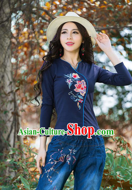 Traditional Chinese National Costume, Elegant Hanfu Embroidery Flowers Navy T-Shirt, China Tang Suit Republic of China Blouse Cheongsam Upper Outer Garment Shirts Clothing for Women
