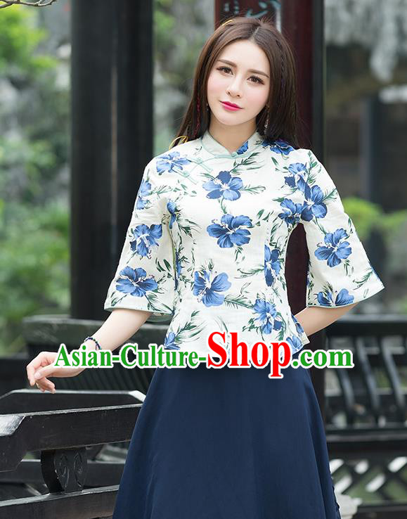 Traditional Chinese National Costume, Elegant Hanfu Linen Slant Opening Blue T-Shirt, China Tang Suit Republic of China Plated Buttons Blouse Cheongsam Upper Outer Garment Qipao Shirts Clothing for Women