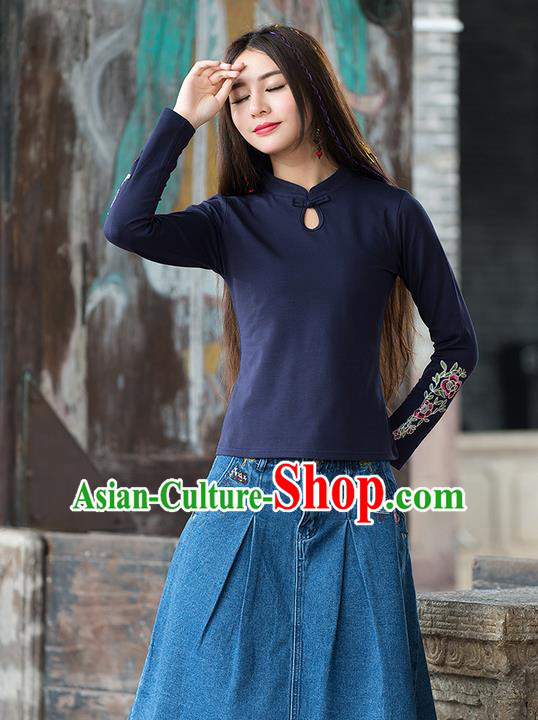 Traditional Chinese National Costume, Elegant Hanfu Embroidery Flowers Stand Collar Navy T-Shirt, China Tang Suit Republic of China Plated Buttons Blouse Cheongsam Upper Outer Garment Qipao Shirts Clothing for Women
