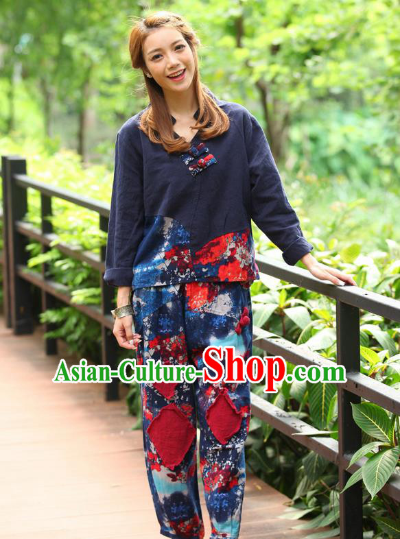 Traditional Chinese National Costume, Elegant Hanfu Joint Color Flowers Linen Blue T-Shirt, China Tang Suit Plated Buttons Blouse Cheongsam Upper Outer Garment Qipao Shirts Clothing for Women