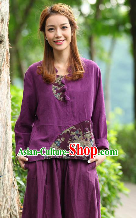 Traditional Chinese National Costume, Elegant Hanfu Joint Color Flowers Linen Plated Buttons Purple T-Shirt, China Tang Suit Blouse Cheongsam Upper Outer Garment Qipao Shirts Clothing for Women