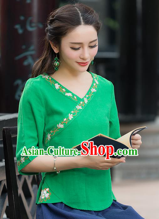 Traditional Chinese National Costume, Elegant Hanfu Embroidery Green Shirt, China Tang Suit Republic of China Blouse Cheongsam Upper Outer Garment Qipao Shirts Clothing for Women