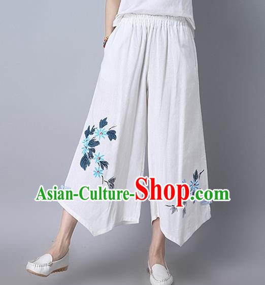 Traditional Chinese National Costume Loose Pants, Elegant Hanfu Embroidered Irregular Wide-leg White Trousers, China Ethnic Minorities Folk Dance Baggy Pants for Women