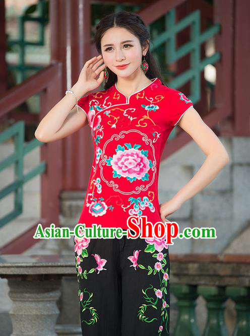 Traditional Chinese National Costume, Elegant Hanfu Embroidery Stand Collar Red Shirt, China Tang Suit Republic of China Blouse Cheongsam Upper Outer Garment Qipao Shirts Clothing for Women