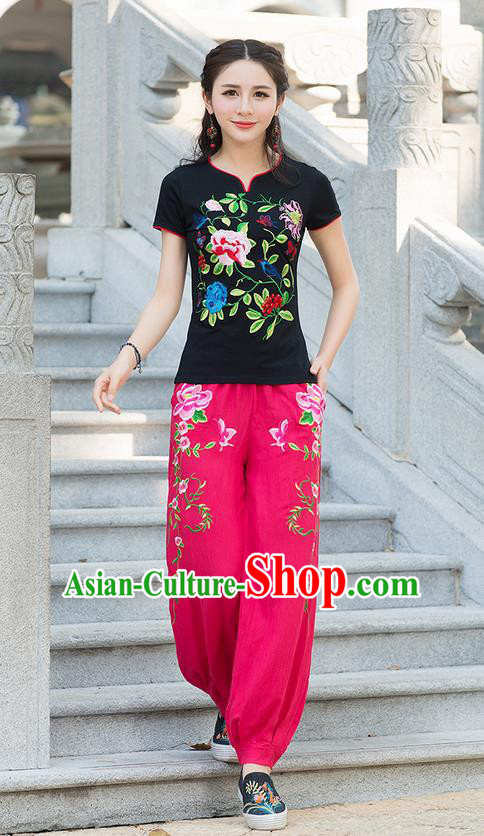 Traditional Chinese National Costume, Elegant Hanfu Embroidery Flowers Black T-Shirt, China Tang Suit Republic of China Chirpaur Blouse Cheong-sam Upper Outer Garment Qipao Shirts Clothing for Women