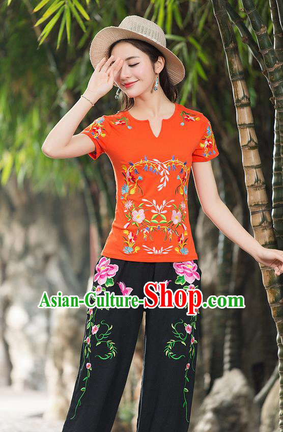 Traditional Chinese National Costume, Elegant Hanfu Embroidery Flowers Orange T-Shirt, China Tang Suit Republic of China Chirpaur Buttons Blouse Cheong-sam Upper Outer Garment Qipao Shirts Clothing for Women