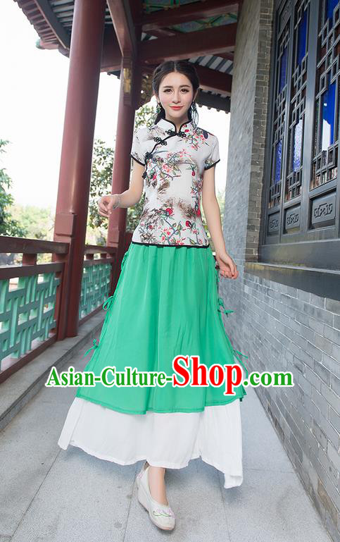 Traditional Chinese National Costume, Elegant Hanfu Ink Painting Birds Flowers Slant Opening Pink T-Shirt, China Tang Suit Republic of China Plated Buttons Chirpaur Blouse Cheong-sam Upper Outer Garment Qipao Shirts Clothing for Women