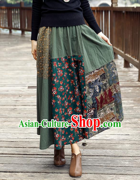 Traditional Ancient Chinese National Pleated Skirt Costume, Elegant Hanfu Floral Flowers Long Green Skirt, China Tang Suit Bust Skirt for Women