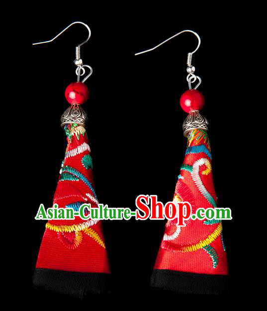 Traditional Chinese Miao Nationality Crafts, Hmong Handmade Miao Silver Embroidery Pink Earrings Pendant, China Ethnic Minority Eardrop Accessories Earbob Pendant for Women