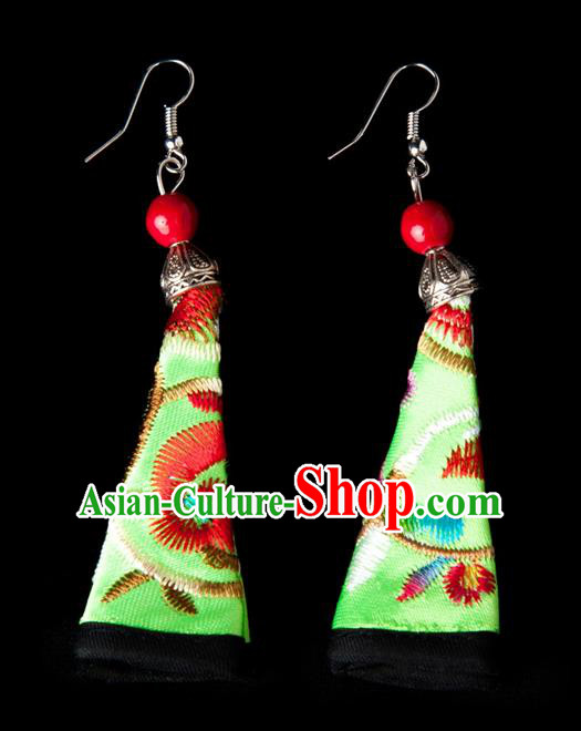 Traditional Chinese Miao Nationality Crafts, Hmong Handmade Miao Silver Embroidery Green Earrings Pendant, China Ethnic Minority Eardrop Accessories Earbob Pendant for Women
