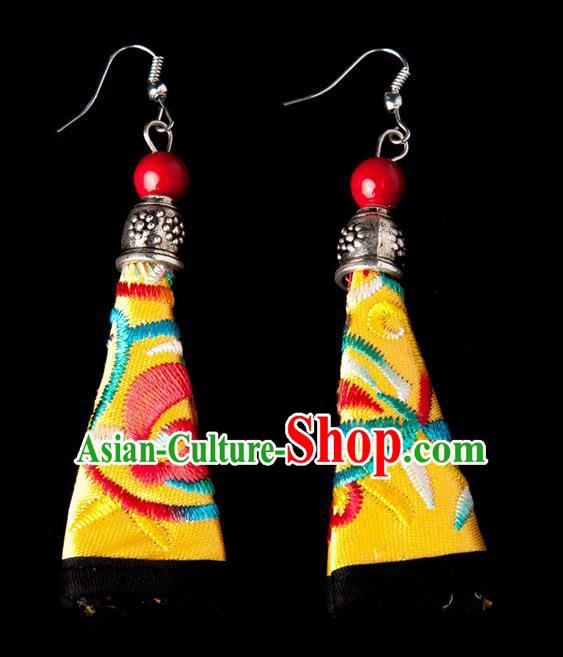 Traditional Chinese Miao Nationality Crafts, Hmong Handmade Miao Silver Embroidery Yellow Earrings Pendant, China Ethnic Minority Eardrop Accessories Earbob Pendant for Women