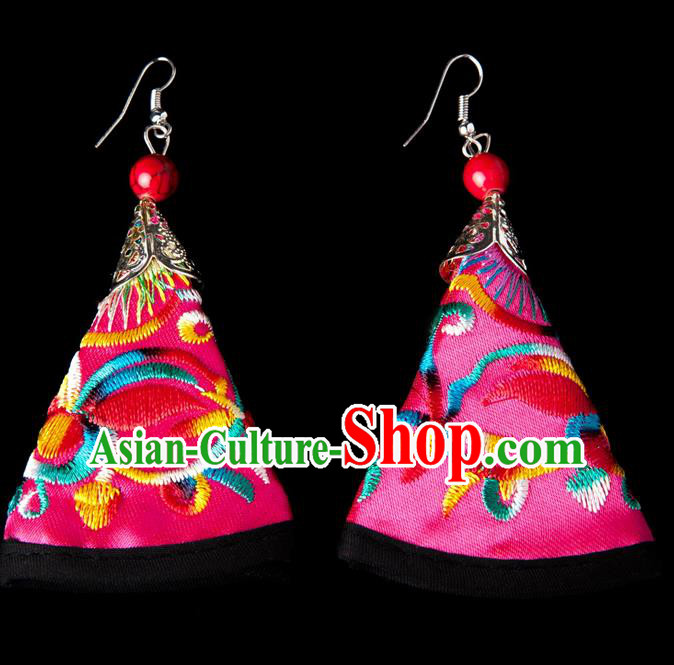 Traditional Chinese Miao Nationality Crafts, Yunnan Hmong Handmade Embroidery Flower Pink Earrings Pendant, China Ethnic Minority Eardrop Accessories Earbob Pendant for Women