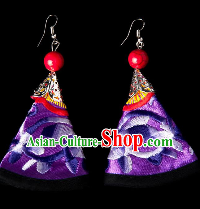 Traditional Chinese Miao Nationality Crafts, Yunnan Hmong Handmade Embroidery Flower Purple Earrings Pendant, China Ethnic Minority Eardrop Accessories Earbob Pendant for Women