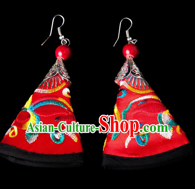 Traditional Chinese Miao Nationality Crafts, Yunnan Hmong Handmade Embroidery Flower Red Earrings Pendant, China Ethnic Minority Eardrop Accessories Earbob Pendant for Women