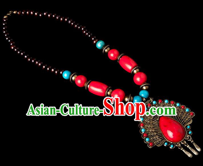 Traditional Chinese Zang Nationality Crafts, Hmong Handmade Tibet Red Sweater Chain, Tibetan Ethnic Minority Necklace Accessories Pendant for Women