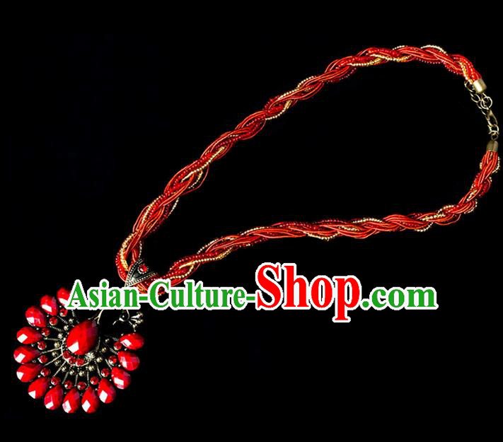 Traditional Chinese Dai Nationality Crafts, Yunan Handmade Red Peacock Sweater Chain, China Dai Ethnic Minority Necklace Accessories Pendant for Women