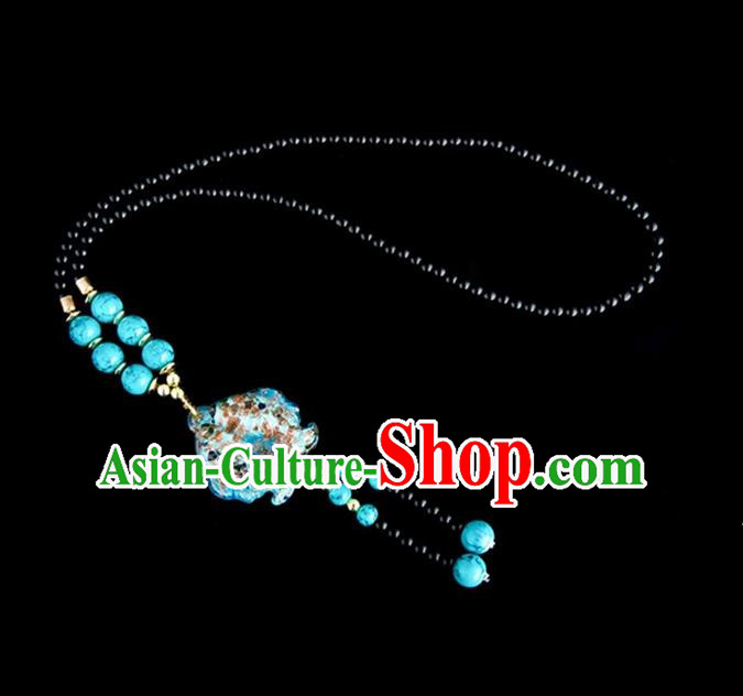 Traditional Chinese Nationality Crafts, Yunan Handmade Coloured Glaze Fish Blue Tassel Sweater Chain, China Ethnic Minority Necklace Accessories Pendant for Women