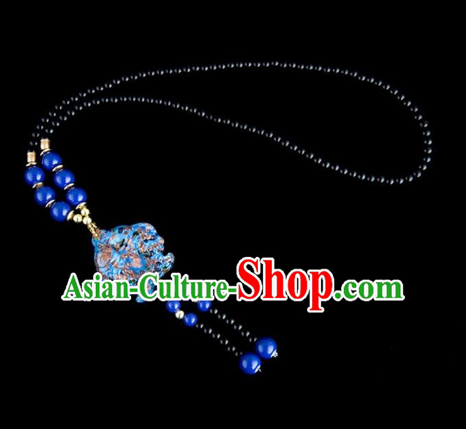 Traditional Chinese Nationality Crafts, Yunan Handmade Coloured Glaze Fish Deep Blue Tassel Sweater Chain, China Ethnic Minority Necklace Accessories Pendant for Women