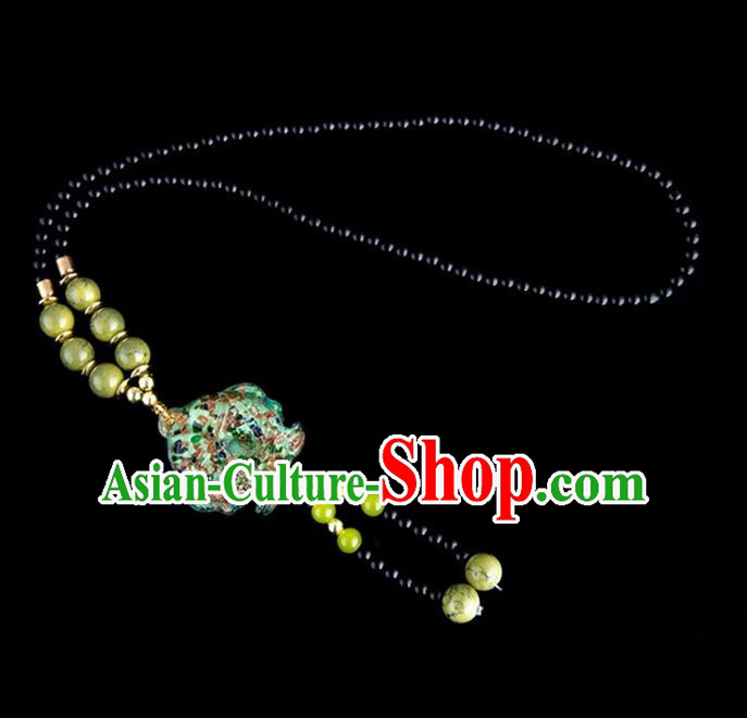 Traditional Chinese Nationality Crafts, Yunan Handmade Coloured Glaze Fish Army Green Tassel Sweater Chain, China Ethnic Minority Necklace Accessories Pendant for Women