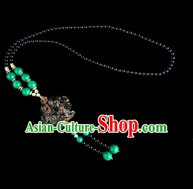 Traditional Chinese Nationality Crafts, Yunan Handmade Coloured Glaze Fish Green Tassel Sweater Chain, China Ethnic Minority Necklace Accessories Pendant for Women