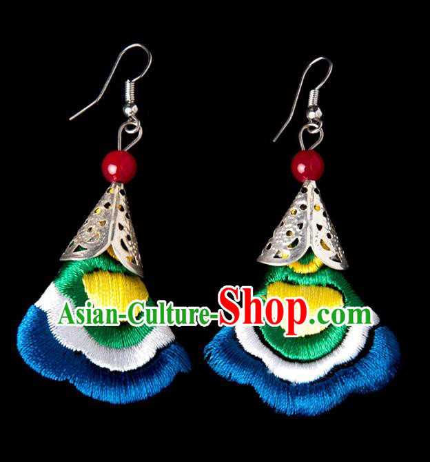 Traditional Chinese Miao Nationality Crafts, Yunnan National Handmade Embroidery Flower Linen Royalblue Earrings Pendant, China Ethnic Minority Eardrop Accessories Earbob Pendant for Women