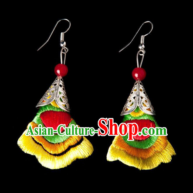Traditional Chinese Miao Nationality Crafts, Yunnan National Handmade Embroidery Flower Linen Yellow Earrings Pendant, China Ethnic Minority Eardrop Accessories Earbob Pendant for Women