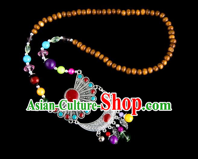 Traditional Chinese Zang Nationality Crafts, Hmong Handmade Tibet Log Beads Tassel Bells Sweater Chain, Tibetan Ethnic Minority Necklace Accessories Pendant for Women