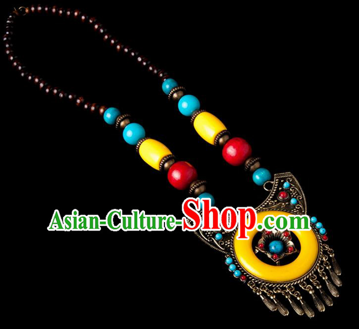 Traditional Chinese Zang Nationality Crafts, Handmade Tibet Beads Yellow Tassel Sweater Chain, Tibetan Ethnic Minority Necklace Accessories Pendant for Women