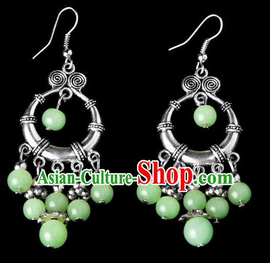 Traditional Chinese Miao Nationality Crafts, Yunnan Hmong Handmade Green Beads Tassel Earrings Pendant, China Ethnic Minority Eardrop Accessories Earbob Pendant for Women